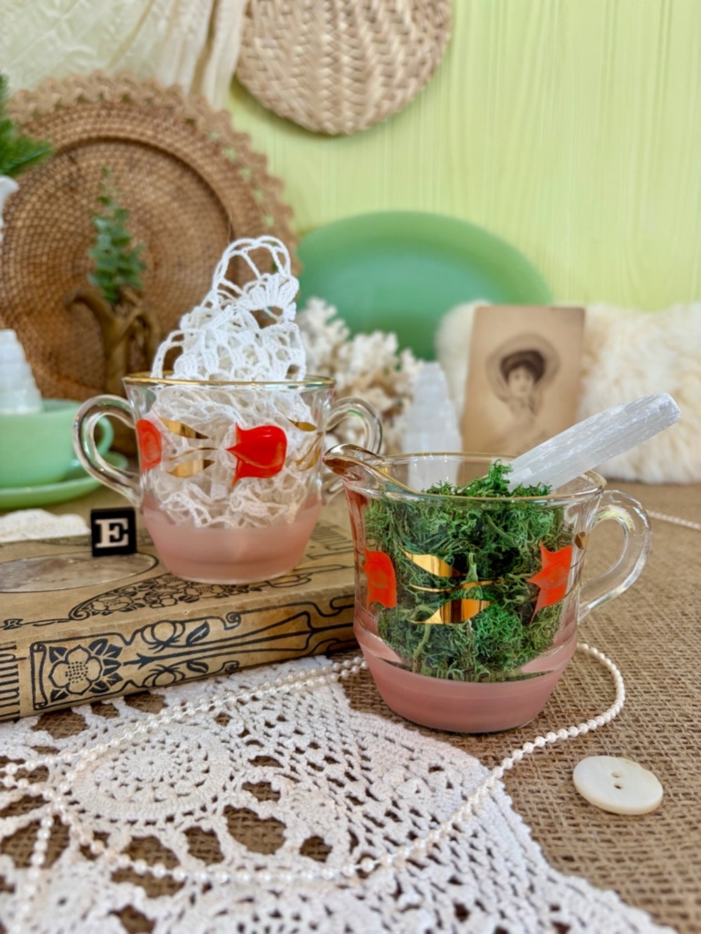 Vintage Floral Glass Sugar & Creamer Set 🌷 Unique Home Decor / Gift / Nature